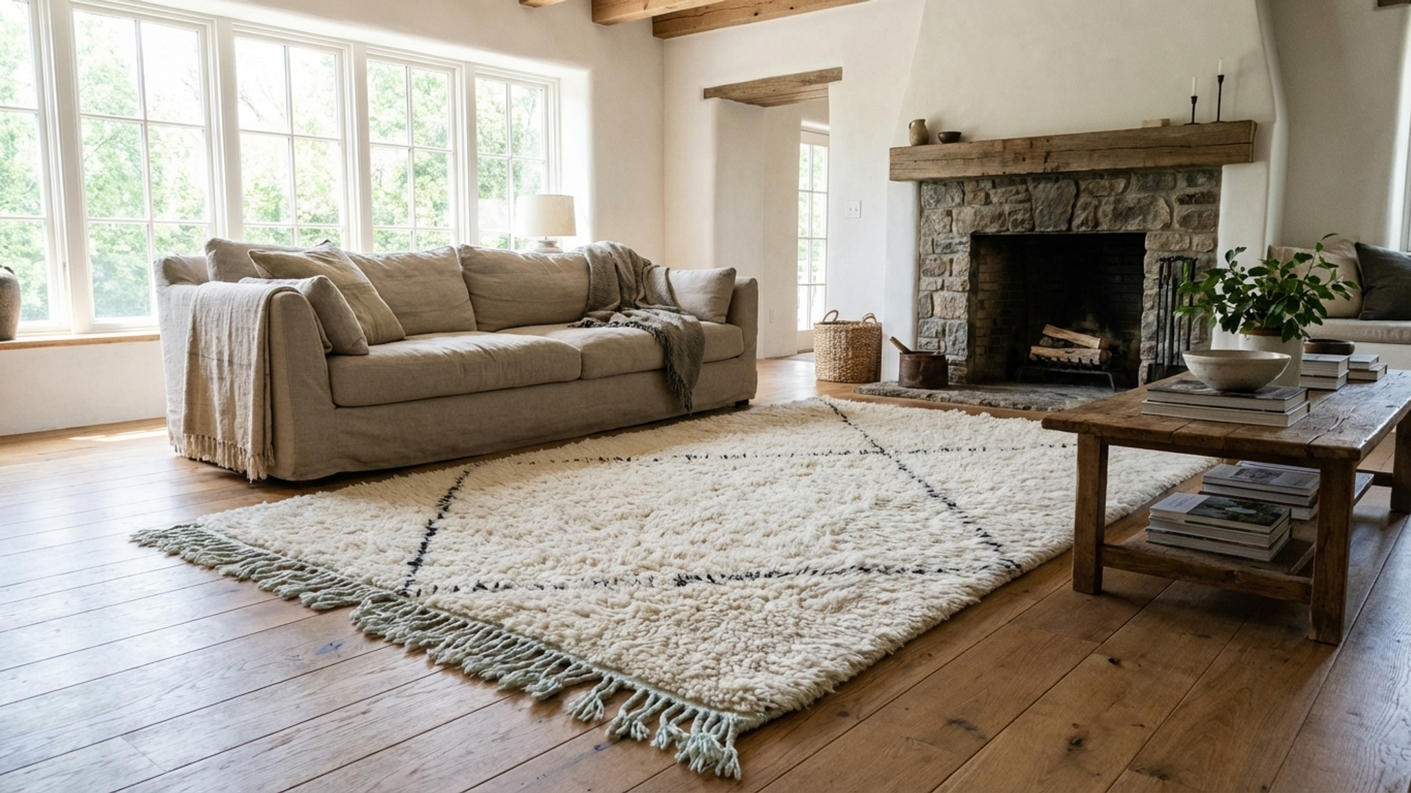 Moroccan Rug Handmade Wool 2x4 - Ivory Cream Black Minimalist Boho Area Rug for Bedroom Entryway Beni Ourain