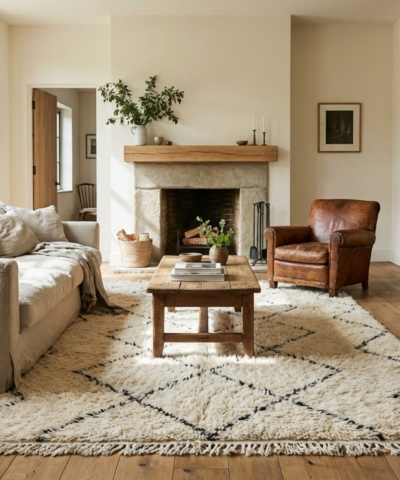 Moroccan Rug Handmade Wool 2x4 - Ivory Black Minimalist Boho Area Rug for Bedroom or Entryway Beni Ourain