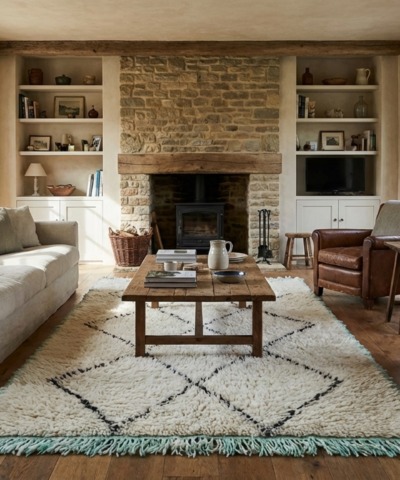 Moroccan Rug Handmade Wool 2x4 - Ivory Black Diamond Boho Minimalist Area Rug for Bedroom Entryway Beni Ourain