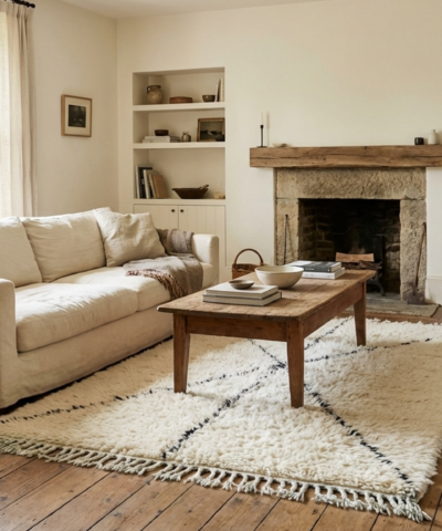 Moroccan Rug Handmade Wool 2x4 - Ivory Black Minimalist Boho Area Rug for Bedroom Entryway - Beni Ourain