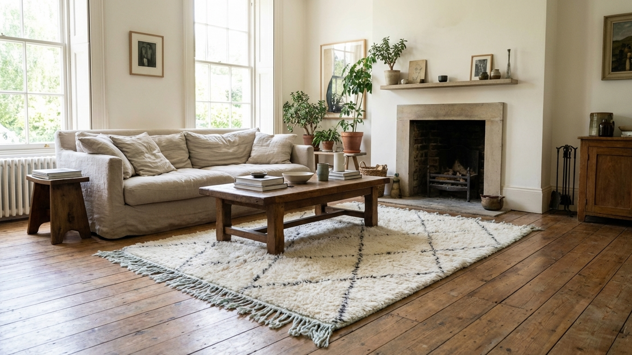 Moroccan Rug Handmade Wool 2x4 - Ivory Black Minimalist Boho Area Rug for Bedroom Entryway Beni Ourain