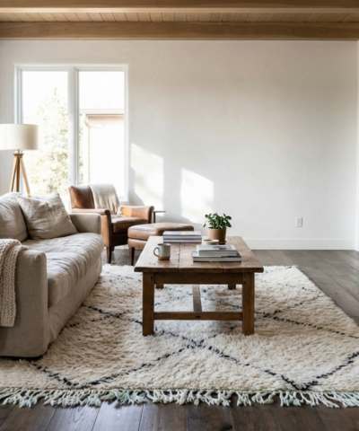 Moroccan Rug Handmade Wool 2x4 - Ivory Black Minimalist Boho Area Rug for Bedroom Entryway - Beni Ourain