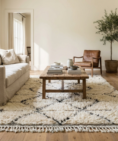 Moroccan Rug Handmade Wool 2x4 - Ivory Black Minimalist Boho Area Rug for Living Room Bedroom - Beni Ourain