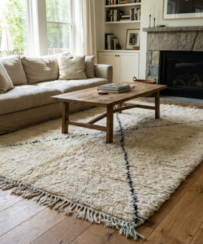 Moroccan Rug Handmade Wool 2x4 - Ivory Black Minimalist Boho Area Rug for Bedroom Entryway Beni Ourain