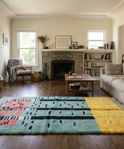 Moroccan Rug Handmade Wool 5x8 - Teal Yellow Modern Boho Area Rug for Living Room Bedroom - Mrirt