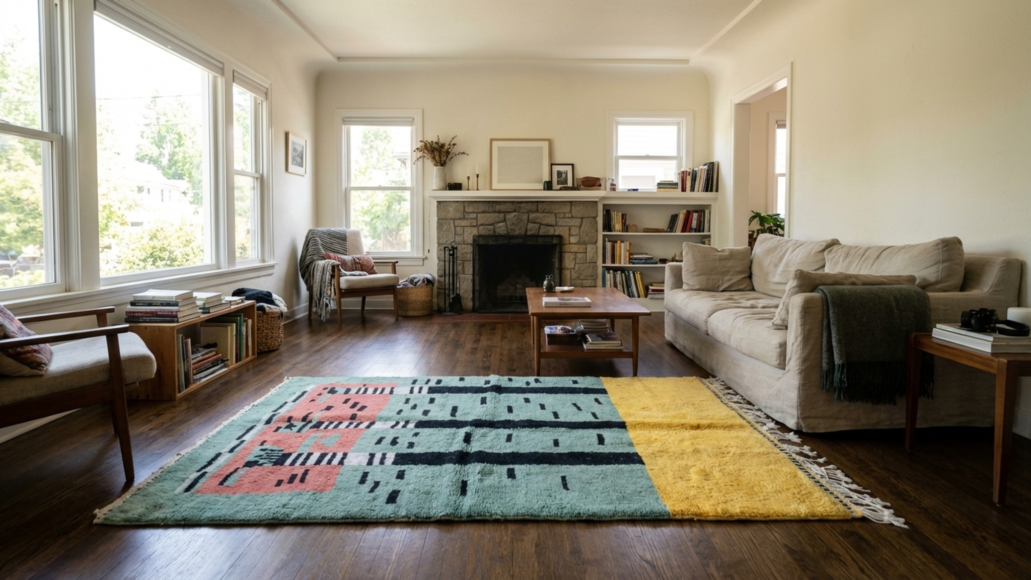 Moroccan Rug Handmade Wool 5x8 - Teal Yellow Modern Boho Area Rug for Living Room Bedroom - Mrirt