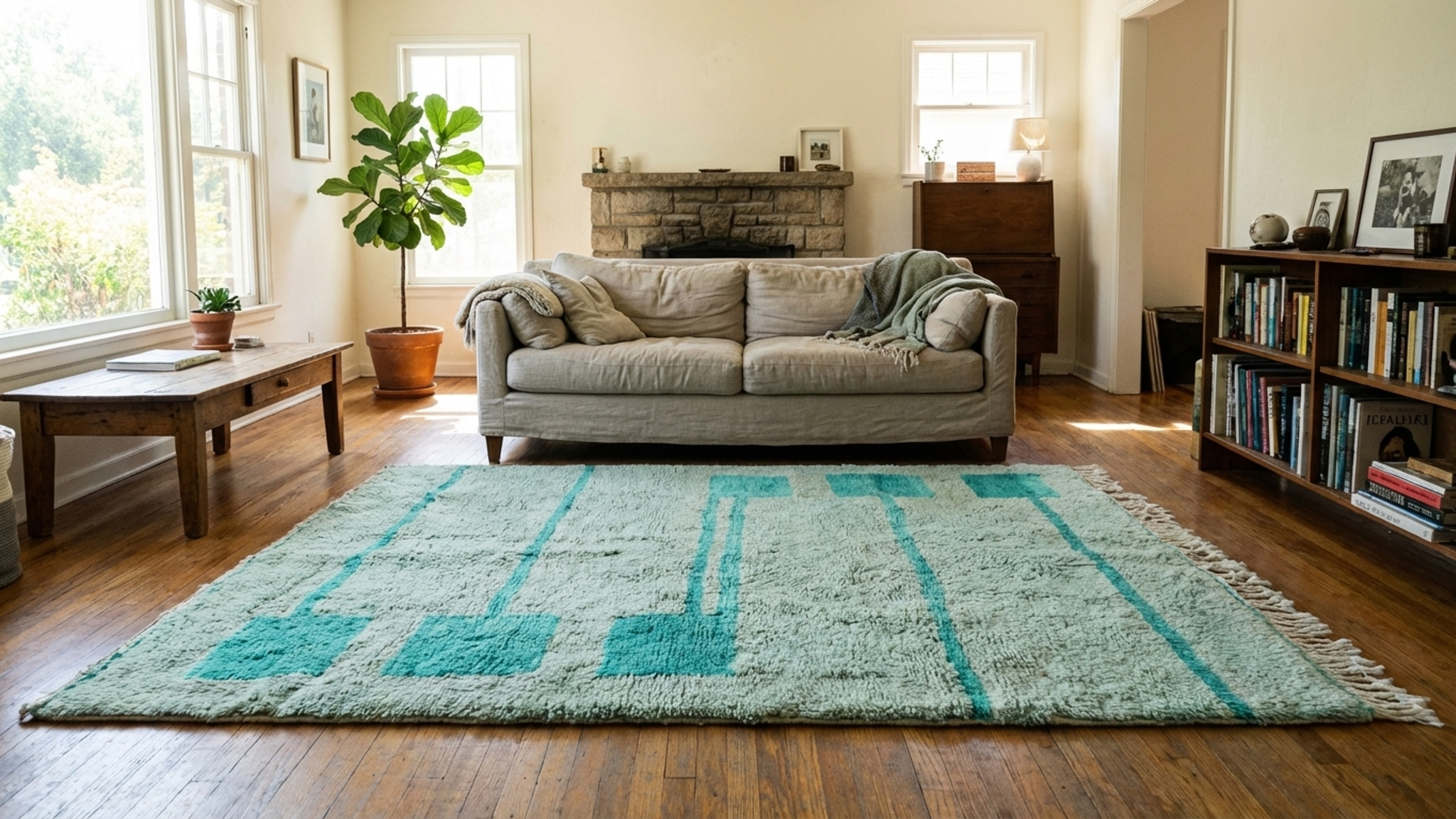Moroccan Rug Handmade Wool 6x8 - Neutral Mint Teal Modern Boho Area Rug for Living Room Bedroom - Mrirt