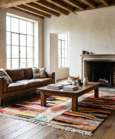 Moroccan Rug Handmade Wool 7x9 - Colorful Boho Area Rug for Living Room, Modern Abstract Statement Rug Mrirt