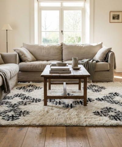 Moroccan Rug Handmade Wool 3x5 - Ivory Black Minimalist Boho Area Rug for Living Room Bedroom - Beni Ourain