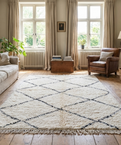 Moroccan Rug Handmade Wool 5x7 - Ivory Black Minimalist Boho Area Rug for Living Room Bedroom - Beni Ourain