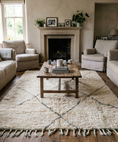 Moroccan Rug Handmade Wool 6x9 - Ivory Neutral Minimalist Area Rug for Living Room or Bedroom Beni Ourain