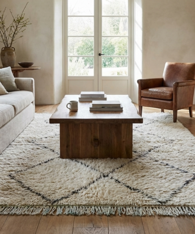 Moroccan Rug Handmade Wool 5x7 - Ivory Neutral Minimalist Boho Area Rug for Living Room Bedroom - Beni Ourain