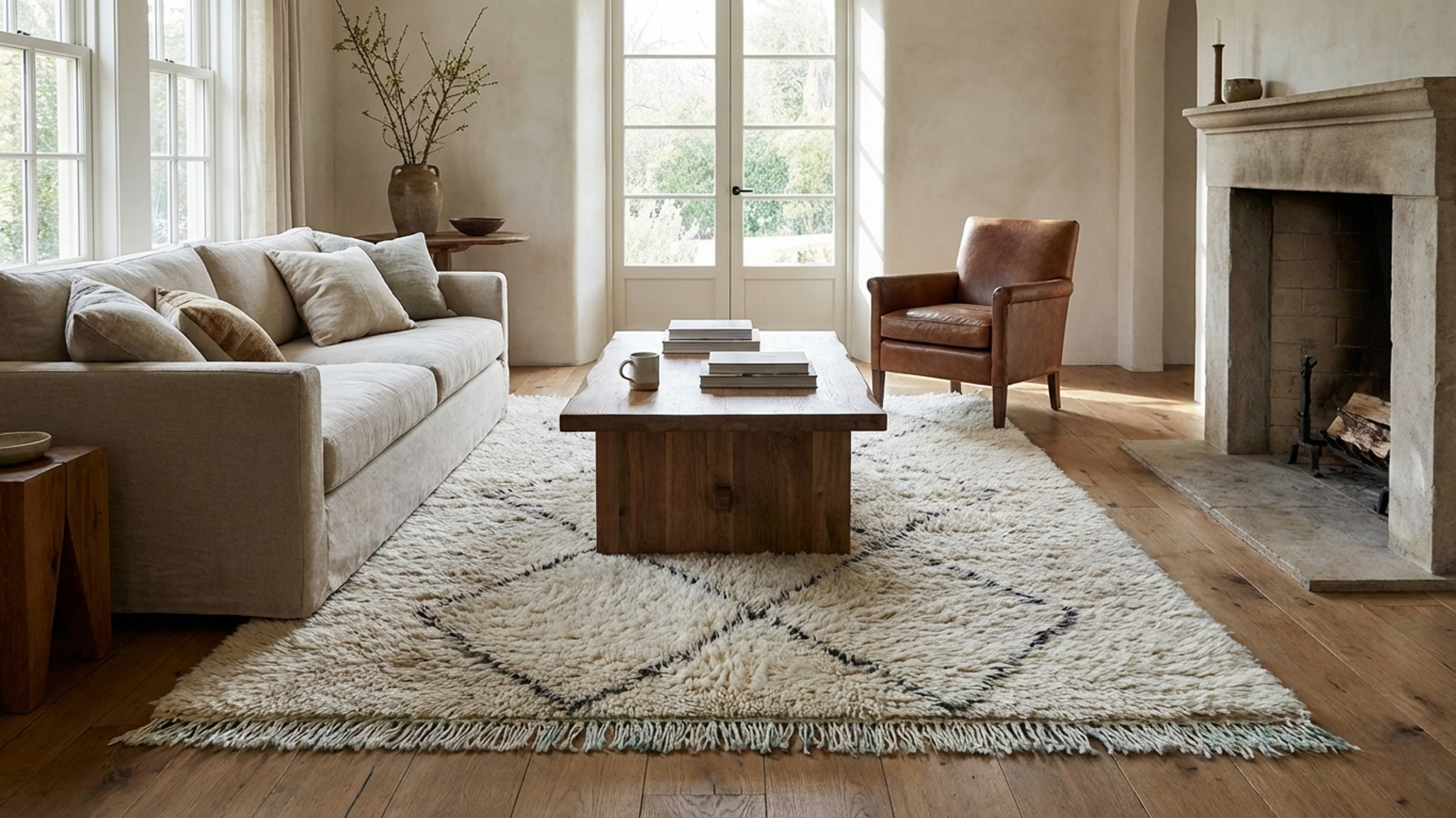 Marokkanischer handgeknüpfter Wollteppich 5x7 - Elfenbein, neutral, minimalistisch, Boho-Stil, für Wohn- und Schlafzimmer - Beni Ourain