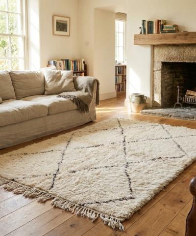 Moroccan Rug Handmade Wool 4x6 - Ivory Neutral Minimalist Boho Area Rug for Living Room Bedroom - Beni Ourain