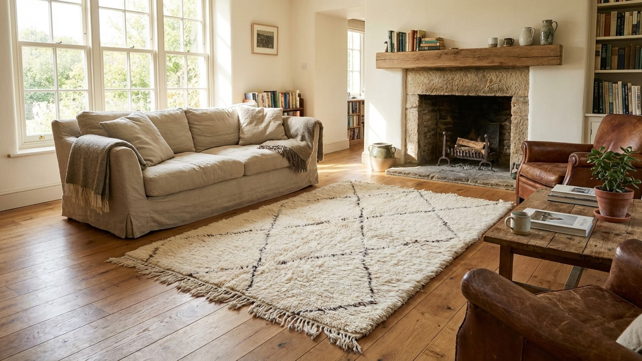 Tapis marocain en laine fait main 120x180 cm - Ivoire neutre, minimaliste, style bohème, idéal pour salon et chambre - Beni Ourain