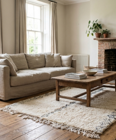 Moroccan Rug Handmade Wool 5x9 - Ivory Neutral Minimalist Area Rug for Living Room Bedroom - Beni Ourain