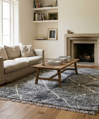 Moroccan Rug Handmade Wool 6x10 - Neutral Black White Minimalist Area Rug for Living Room Bedroom - Beni Ourain