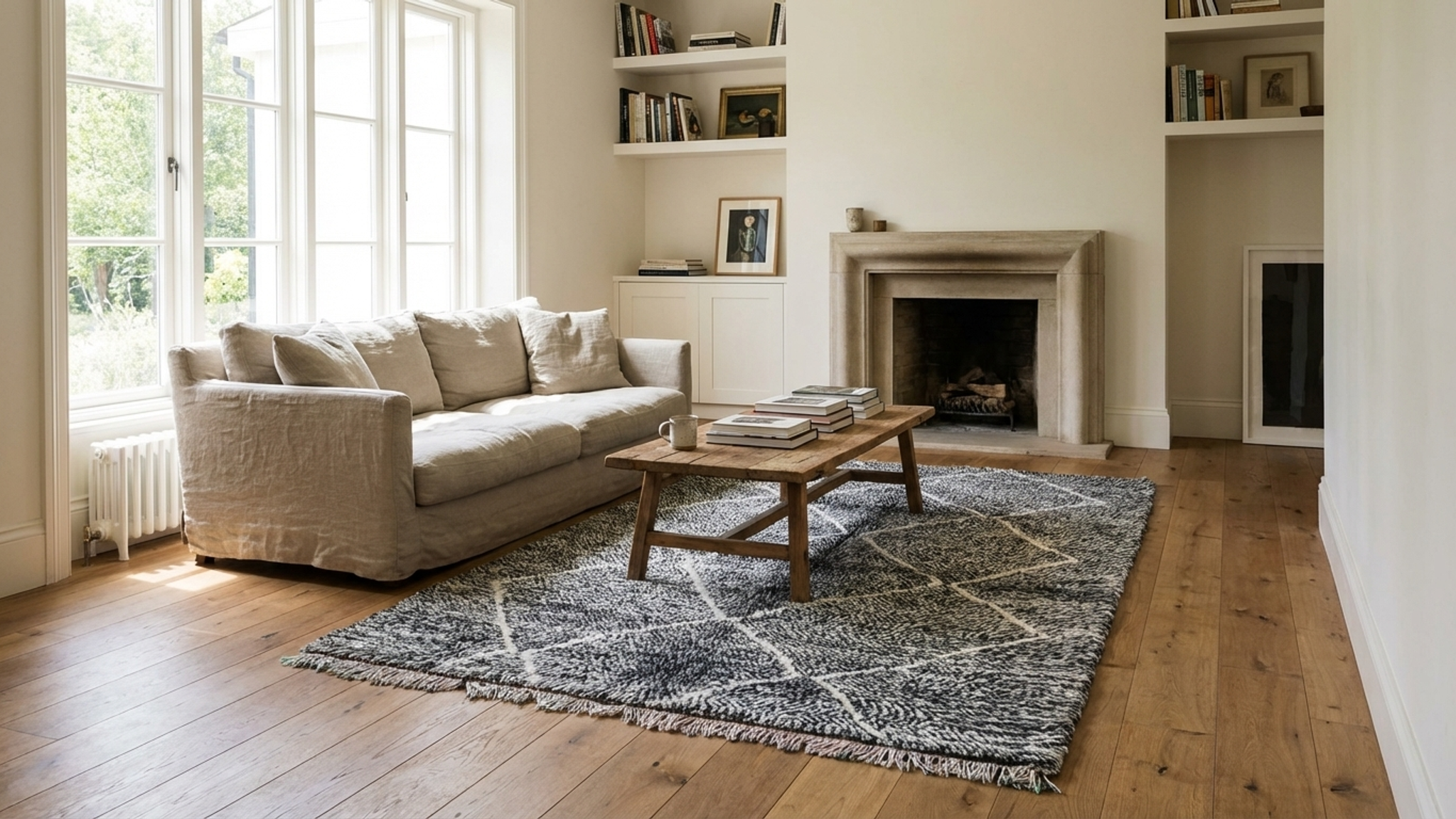 Alfombra marroquí de lana hecha a mano, 15 x 25 cm, minimalista, neutra, negra y blanca, para salón y dormitorio - Beni Ourain