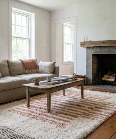 Moroccan Rug Handmade Wool 4x5 - Ivory Neutral Blush Striped Boho Area Rug for Living Room Bedroom - Mrirt Rug