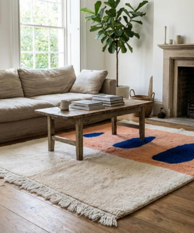 Moroccan Rug Handmade Wool 5x6 - Ivory Cream Peach Blue Modern Boho Area Rug for Living Room Bedroom Mrirt