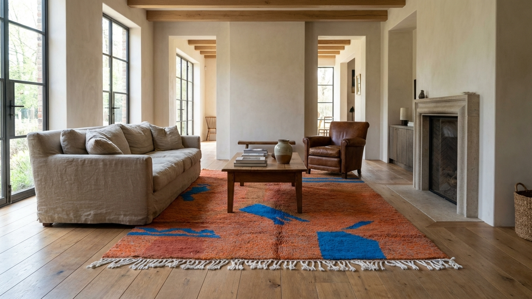 Moroccan Rug Handmade Wool 6x9 - Orange Blue Modern Boho Area Rug for Living Room Bedroom - Authentic Mrirt Rug