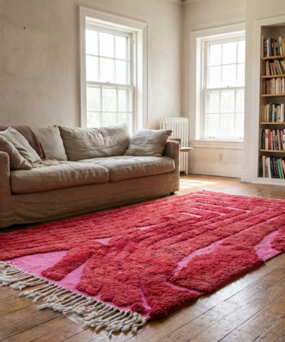 Moroccan Rug Handmade Wool 5x8 - Pink Red Modern Boho Area Rug for Living Room or Bedroom - Mrirt Rug