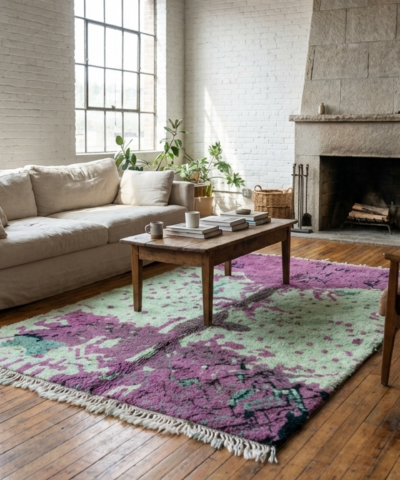 Moroccan Rug Handmade Wool 5x8 - Mint Green Purple Boho Area Rug for Living Room Bedroom, Authentic Mrirt Rug