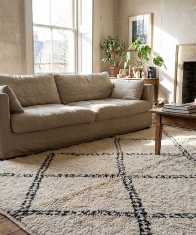 Moroccan Rug Handmade Wool 8x5 - Ivory Black Minimalist Boho Area Rug for Living Room Bedroom Beni Ourain