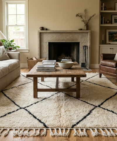 Moroccan Rug Handmade Wool 7x6 - Ivory Black Minimalist Boho Area Rug for Living Room Bedroom - Beni Ourain