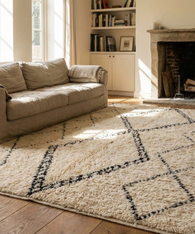 Moroccan Rug Handmade Wool 7x4 - Ivory Black Diamond Minimalist Boho Area Rug for Living Room Bedroom Beni Ourain