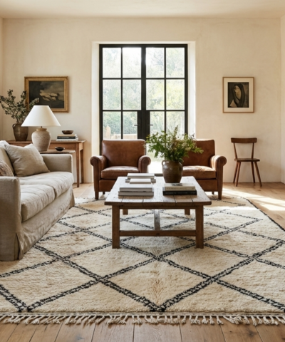 Moroccan Rug Handmade Wool 6x11 - Ivory Black Diamond Boho Minimalist Area Rug for Living Room Bedroom Beni Ourain