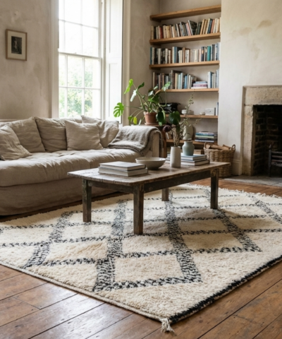 Moroccan Rug Handmade Wool 10x6 - Ivory Black Diamond Boho Area Rug for Living Room Bedroom - Beni Ourain