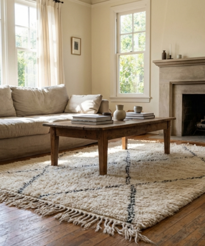 Moroccan Rug Handmade Wool 4x3 - Ivory Neutral Minimalist Boho Area Rug for Bedroom or Entryway Beni Ourain