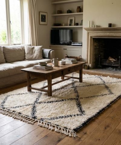 Moroccan Rug Handmade Wool 9x6 - Ivory Black Diamond Minimalist Boho Area Rug for Living Room Bedroom - Beni Ourain