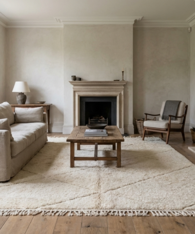 Moroccan Rug Handmade Wool 10x6 - Ivory Neutral Minimalist Boho Area Rug for Living Room Bedroom - Beni Ourain