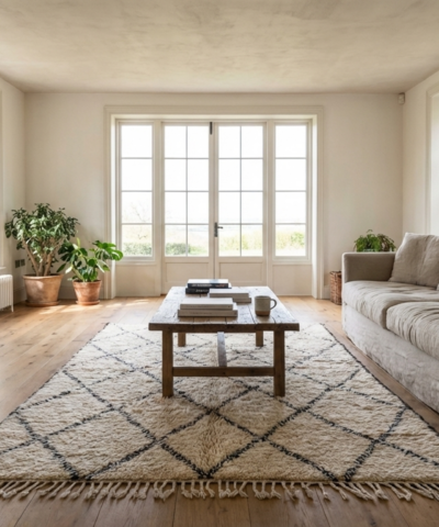 Moroccan Rug Handmade Wool 8x6 - Ivory Black Diamond Boho Area Rug for Living Room Bedroom - Beni Ourain