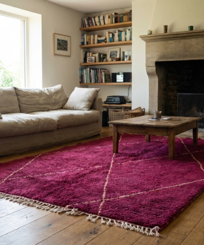 Moroccan Rug Handmade Wool 8x6 - Burgundy Red Boho Area Rug for Living Room Bedroom - Beni Ourain