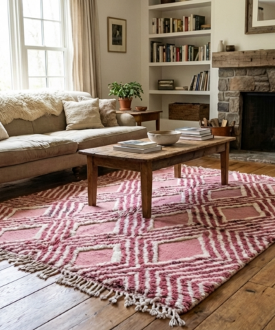 Moroccan Rug Handmade Wool 7x10 - Pink Cream Geometric Boho Area Rug for Living Room Bedroom - Mrirt Berber