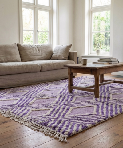 Moroccan Rug Handmade Wool 7x10 - Lavender Purple Neutral Geometric Modern Area Rug for Living Room Bedroom - Mrirt