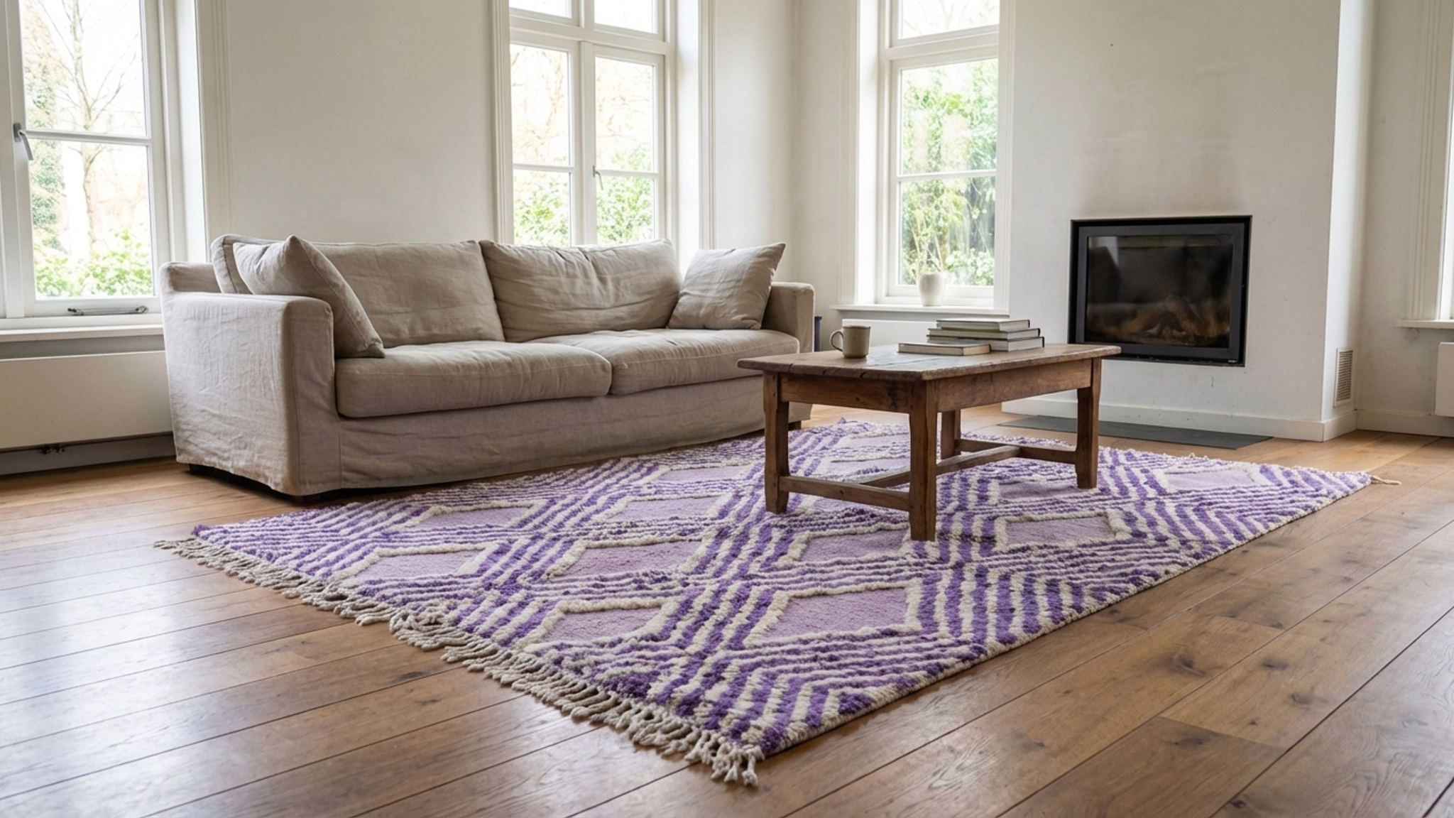 Marokkolainen matto, käsintehty villa 7x10 - laventelin violetti, neutraali geometrinen moderni matto olohuoneeseen, makuuhuoneeseen - Mrirt