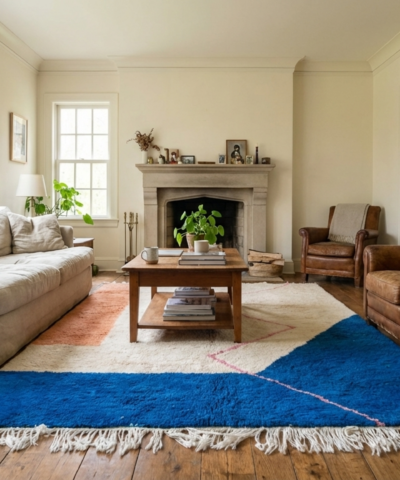 Moroccan Rug Mrirt 5x8 Wool Ivory White Cobalt Blue Blush Pink Peach Minimalist Living Room Berber