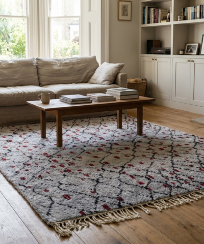 Moroccan Rug Mrirt 5x8 Wool Gray Black Ivory Red Minimalist Living Room