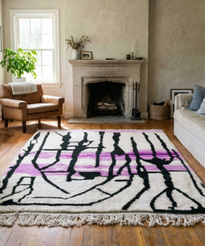 Moroccan Rug Handmade Wool 7x10 - Ivory Black Purple Modern Boho Area Rug for Living Room Bedroom - Mrirt