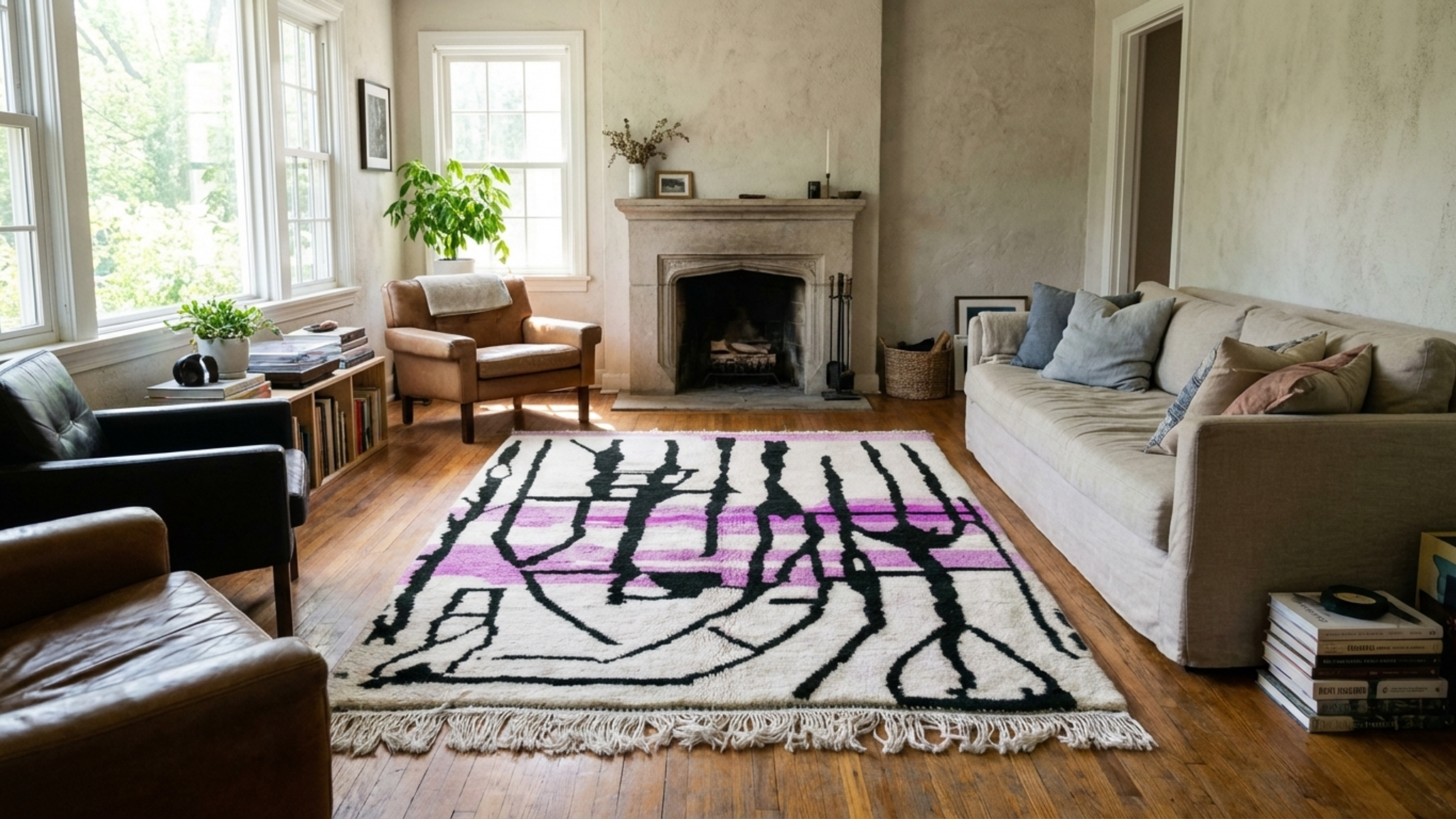 سجادة مغربية مصنوعة يدوياً من الصوف، مقاس 7×10 - عاجي، أسود، بنفسجي، سجادة عصرية بوهيمية لغرفة المعيشة أو غرفة النوم - مررت