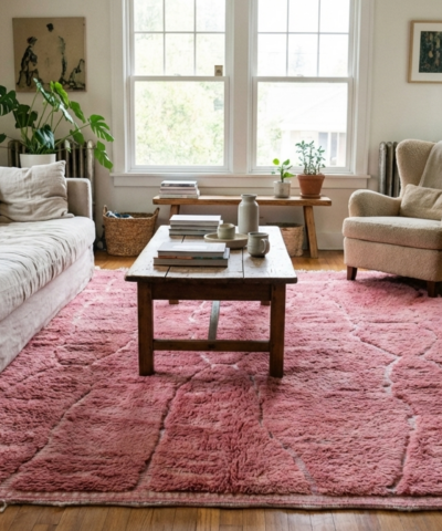 Moroccan Rug Handmade Wool 7x10 - Dusty Rose Pink Minimalist Boho Area Rug for Living Room Bedroom - Mrirt