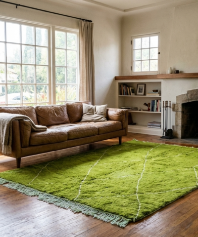 Alfombra marroquí hecha a mano de lana de 18 x 25 cm - Alfombra bohemia moderna verde oliva para sala de estar y dormitorio - Beni Ourain