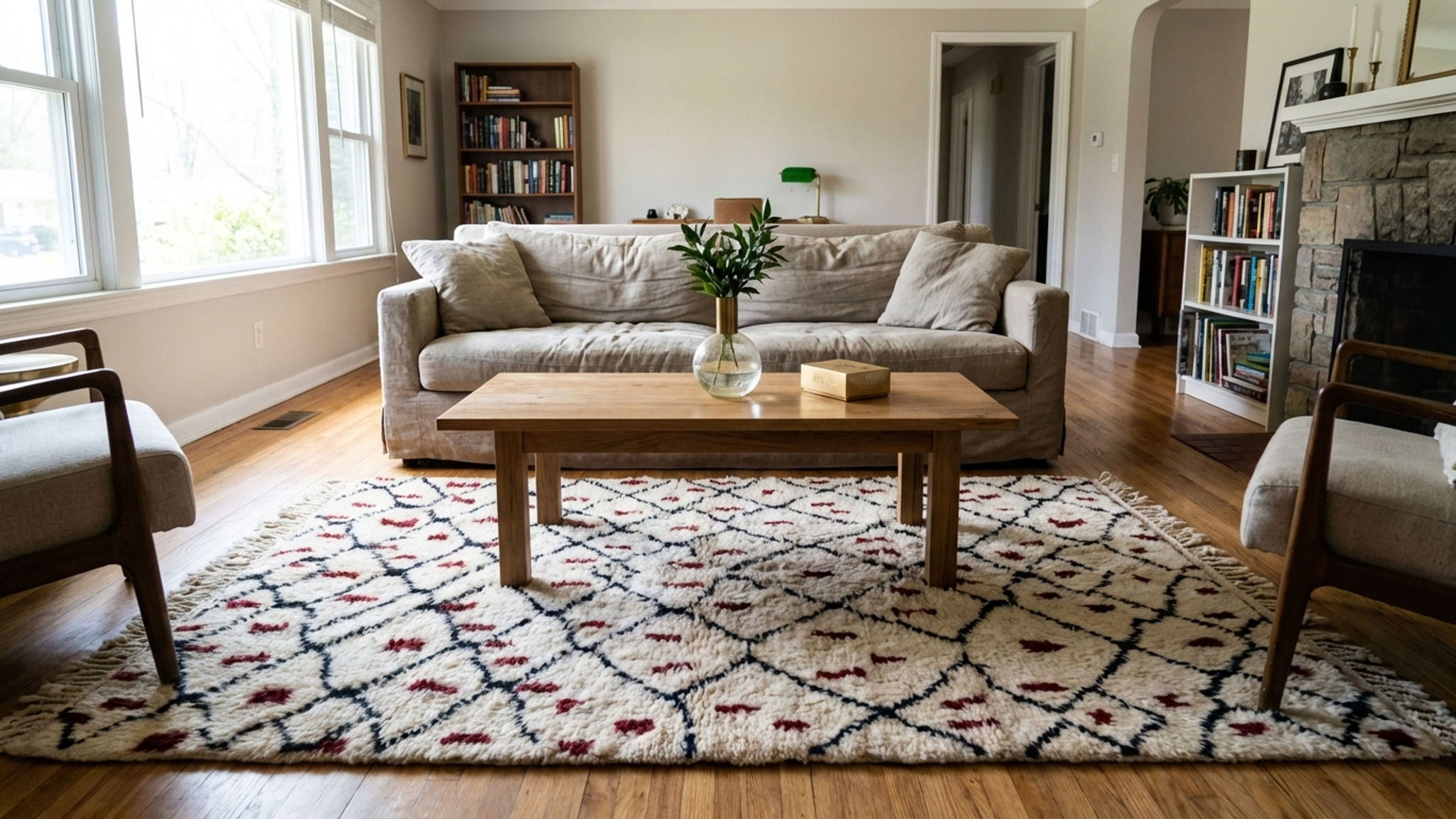 Moroccan Rug Beni Ourain 5x8 Wool Cream White Black Burgundy Boho Living Room Berber