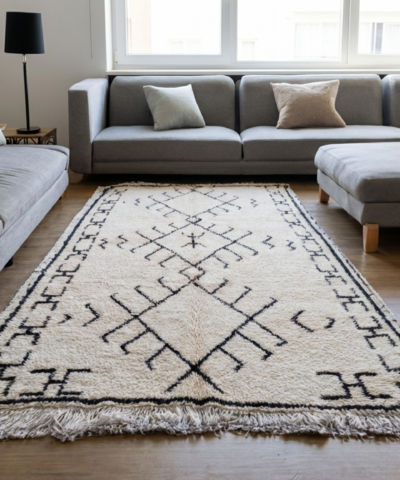 Moroccan Rug Handmade Wool 2x3 - Ivory Black Minimalist Boho Area Rug for Living Room Bedroom - Beni Ourain