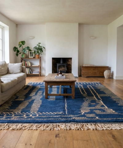 Moroccan Rug Handmade Wool 7x10 - Blue Neutral Modern Area Rug for Living Room, Minimalist Boho Decor - Beni Ourain