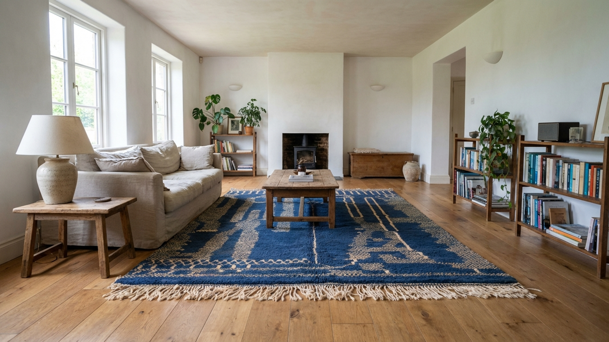 سجادة مغربية مصنوعة يدوياً من الصوف، مقاس 7×10 - سجادة زرقاء محايدة عصرية لغرفة المعيشة، ديكور بوهو بسيط - بني ورين